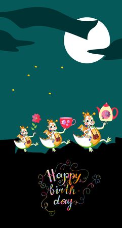Cute Happy Birthday greeting card. Dragons with gifts at the night. Colorful ornamental lettering. Vector illustration.のイラスト素材