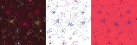 Set of seamless patterns with linear hand drawn flowers. Beautiful vector illustration.