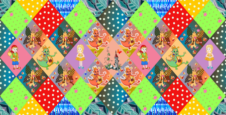 Childish seamless patchwork pattern. Fairy vector illustration. Quilting design for kids.のイラスト素材