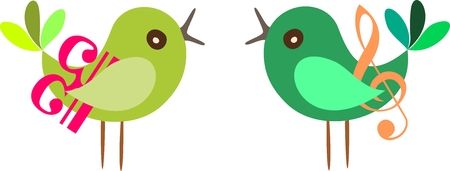 Vector illustration of a bird couple with treble clef and bass clef.のイラスト素材