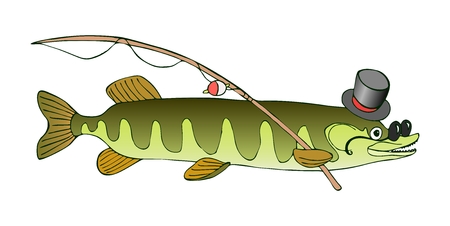 Erudite pike in hat and glasses is going to fish.  Vector cute cartoon illustration.のイラスト素材
