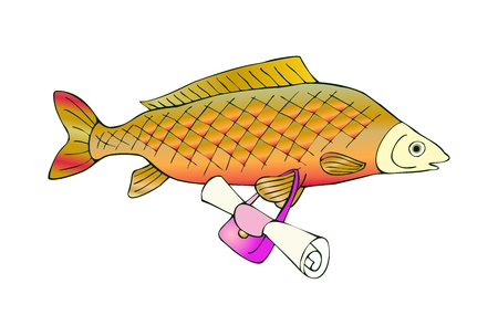 Fresh water fish carp with bag. Vector cute cartoon illustration.のイラスト素材