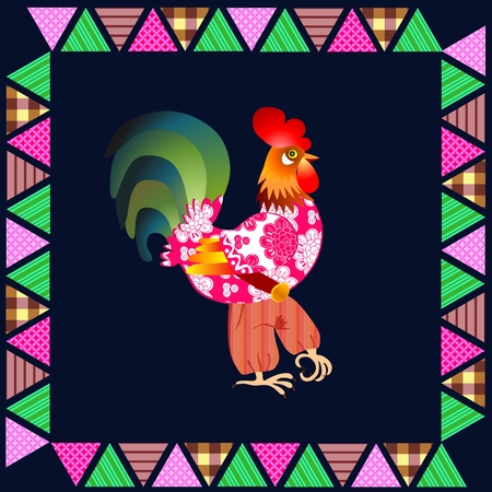 Beautiful card with rooster - chinese zodiac sign - in ornamental frame. Vector illustration.のイラスト素材
