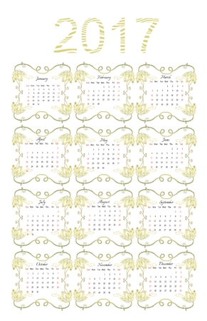 Calendar for 2017 year with gold flowers on white background. Week starts on sunday. Vector illustration.のイラスト素材