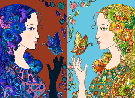 Hand drawn day and night ladies with flowers and butterflies. Colorful doodle portrait of beautiful women. Vector illustration.のイラスト素材