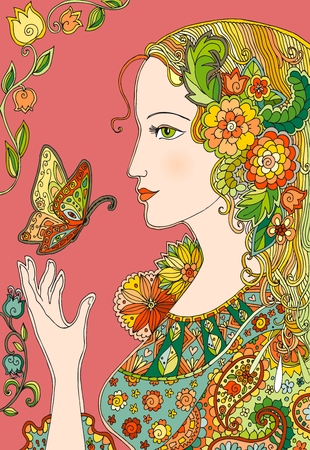 Lady Summer with flowers and butterflies. Colorful doodle portrait of beautiful woman. Vector illustration.のイラスト素材