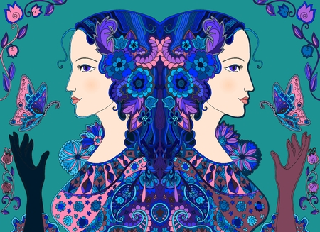 Hand drawn doodle. Fairy women with butterflies and flowers. Vector illustration.のイラスト素材