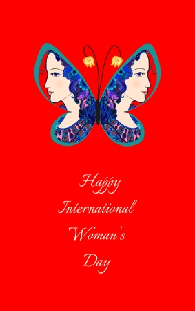 Colorful doodle portrait of beautiful women on butterfly wings. Greeting card with International woman's day. Vector illustration.のイラスト素材