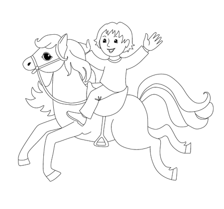 Coloring book with boy on horse. Cartoon vector illustration for children education.のイラスト素材