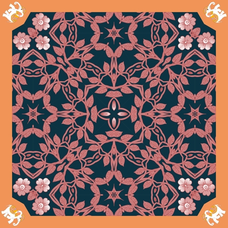 Floral kerchief. Bandana print or silk neck scarf with beautiful ornament from flowers. Vector illustration.のイラスト素材