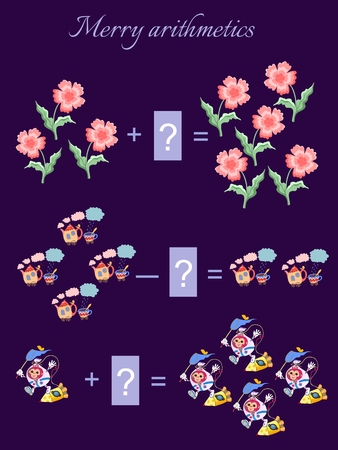 Educational game for children.Cartoon illustration of mathematical addition and subtraction. Examples with cute colorful flowers, teapots, cups and monkeys astronauts.のイラスト素材