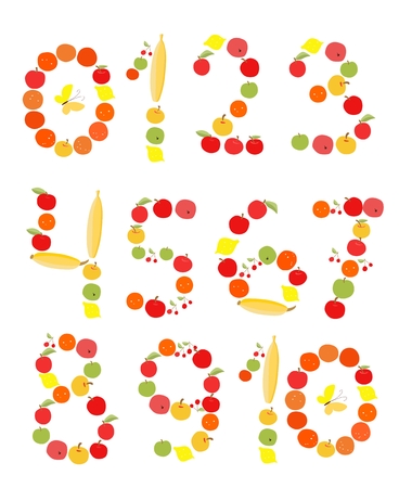 Set of figures and numbers. Illustration for children. Apples, bananas, lemons, oranges and cherries.のイラスト素材
