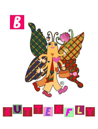 Cute cartoon english alphabet with colorful image and word. Kids vector ABC on white background. Letter B.のイラスト素材