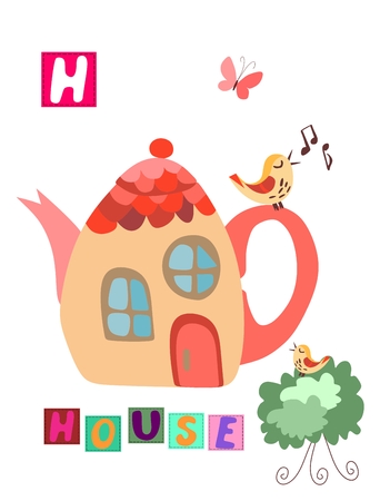 Cute cartoon english alphabet with colorful image and word. Kids vector ABC on white background. Letter H.のイラスト素材