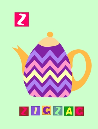 Tea history. Cute cartoon english alphabet with colorful image and word. Kids vector ABC on green background. Letter Z. Zigzag.のイラスト素材
