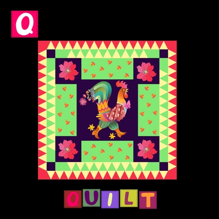 Year of the rooster. Cute cartoon english alphabet with colorful  image and word. Kids vector ABC. Letter Qのイラスト素材