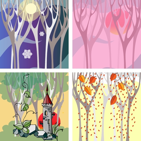 Seasons. Set of cards with landscapes for winter, spring, summer, autumn.のイラスト素材