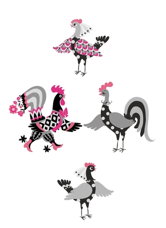 Set of cute cartoon cockerels and hens. Vector illustration. Year of the rooster. 2017. Collection of dancing hen and rooster stickers.のイラスト素材