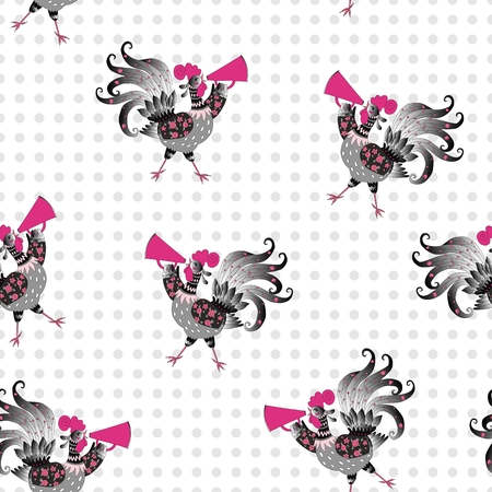Seamless vector pattern with cute cartoon roosters. Year of the rooster. 2017. Beautiful background.のイラスト素材