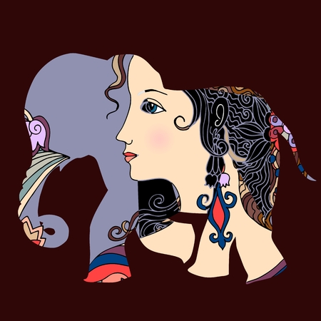 India. Beautiful elephant with portrait on brown background. Vector image. Decorative silhouette.のイラスト素材