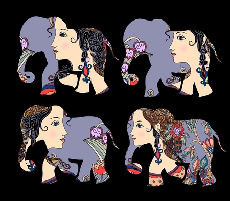 India. Beautiful elephants with portrait on black  background. Vector set. Decorative silhouettes.のイラスト素材