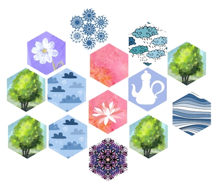 Set of hexagonal patches for quilt design. Hand drawn trees, watercolor flowers, clouds in the sky, teapot, ornaments and waves.の写真素材