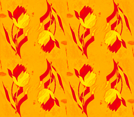 Grunge seamless pattern with hand drawn tulips. Bright floral background.の写真素材