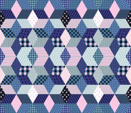 Winter seamless patchwork pattern from different elements in blue and pink tones.のイラスト素材
