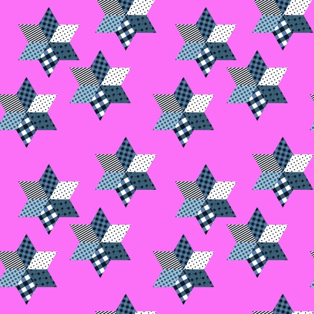 Seamless patchwork pattern from different elements in blue and pink tones.のイラスト素材