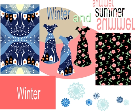 Vector fashion illustration. Beautiful card with collection of female dresses. Winter and summer patterns.のイラスト素材