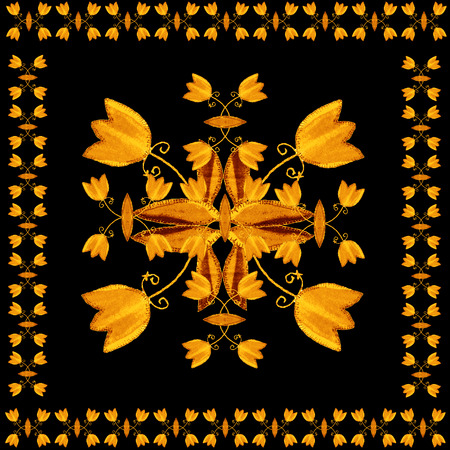 Floral ornament stylized inlaid wood. Card with gold tulip flowers on black background.