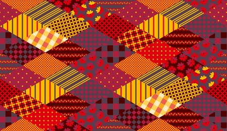 Packaging design. Patchwork in warm autumn colors. Ethnic boho seamless pattern. Geometric tribal ornament. Vector illustration.のイラスト素材