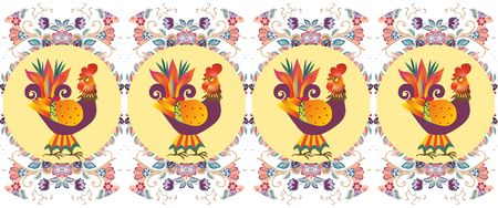 Border with beautiful cockerels on medallions. Vector illustration. Year of the Rooster. Textile, paper, wallpaper, web design.のイラスト素材