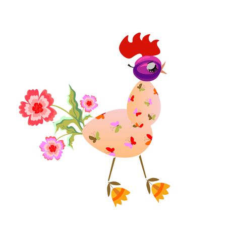 Funny cock of two eggs, plum and flowers. Childish design. Chinese year of the rooster. 2017. Drawing for children. Vector image. Greeting card.のイラスト素材