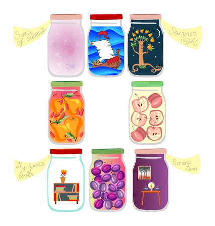 Medicine for the soul: memories of voyage, summer night, favorite books, scents of summer, romantic dinner and a few jars of jam and compote. Cute cartoon allegorical vector illustration.のイラスト素材