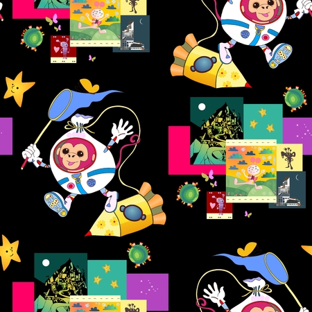 Fantastic print for children with cute monkey astronaut, spacecraft and funny pictures with aliens. Bright seamless vector background. It can be used for bed linen, paper, wallpaper, carpet, websites.のイラスト素材