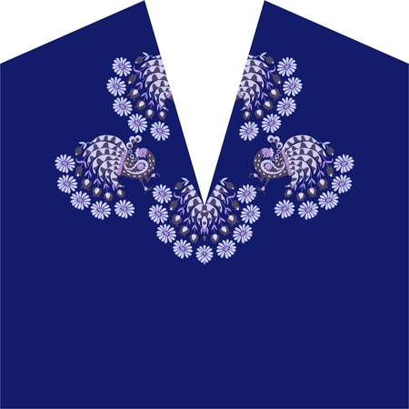 Neck embroidery with fairy peacocks. Vector illustration.のイラスト素材