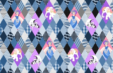 Patchwork for children. Vector seamless pattern with fairy, dragon, and elephant. Print for fabric.のイラスト素材