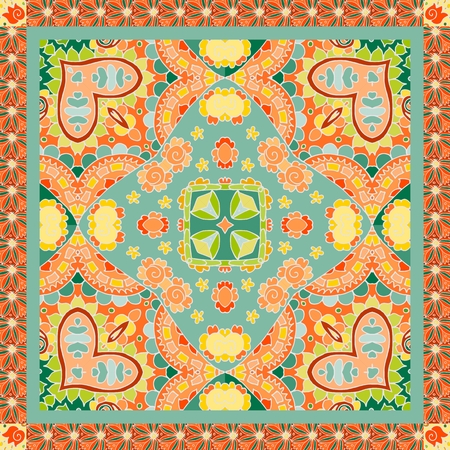 Indian bandana print in green and orange tones with paisley and flowers - 2. Vector illustration.のイラスト素材