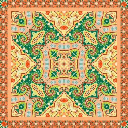 Indian bandana print in green and orange tones with paisley and flowers - 1. Vector illustration.のイラスト素材