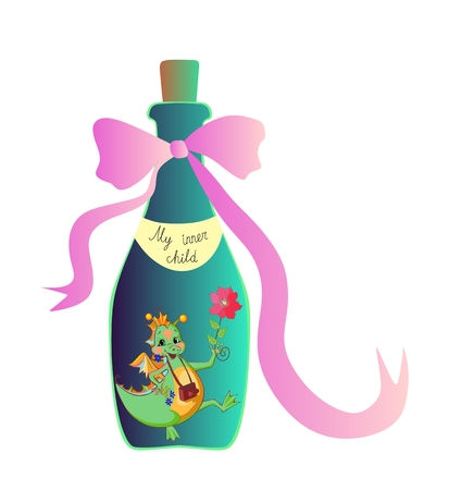 My inner child. Cute cartoon allegorical illustration with cheerful little dragon in the bottle. Vector image.のイラスト素材