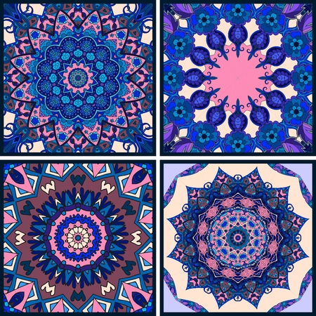 Vector set of beautiful pillowcase or bandana print. Oriental patterns. Flower mandala.のイラスト素材