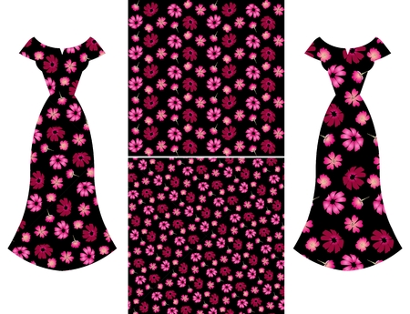 Beautiful card with collection of female dresses with verbena and cosmos flowers and two seamless floral pattern on black background. Fashion design.のイラスト素材