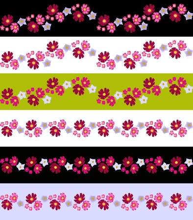 Seamless floral striped vector pattern or set of beautiful floral border with cosmos, verbena and potato flowers.のイラスト素材