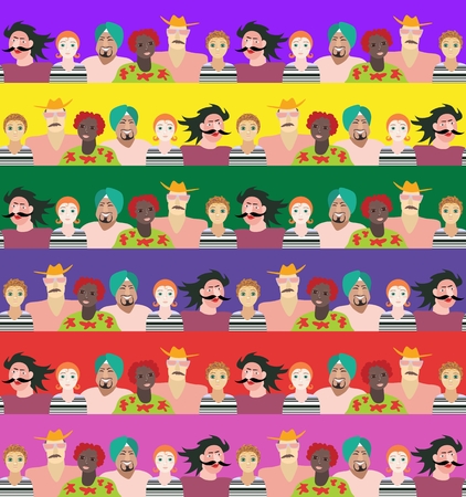 Seamless striped pattern with men and women of different ages, races and nationalities.Can be used for poster, card, invitation, placard, brochure, flyer, packaging, websites, paper, wallpaper, fabricのイラスト素材
