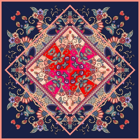 Lovely tablecloth with birds, hearts and flowers. Beautiful ethnic vector ornament. Card, bandana print, kerchief design, napkin. Valentine's day.のイラスト素材