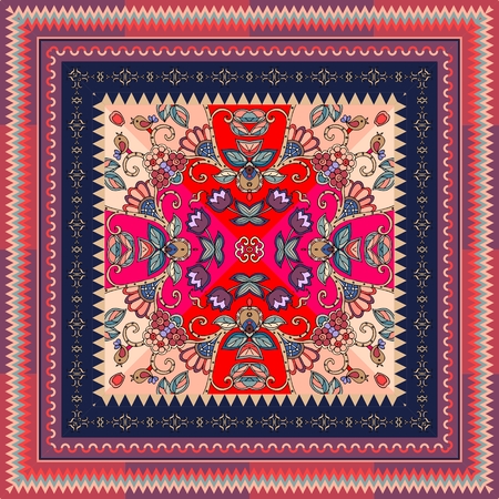 Beautiful carpet, lovely tablecloth with birds, hearts, flowers and ornamental border. Ethnic vector pattern. Card, bandana print, kerchief design, napkin. Valentine's day.のイラスト素材