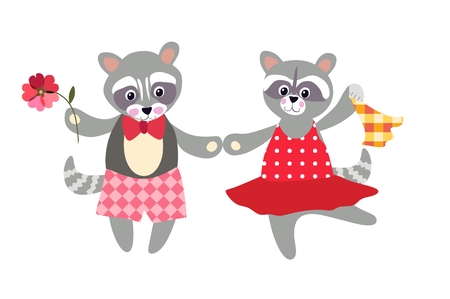 Two funny raccoons on white background. Cute cartoon animals.のイラスト素材