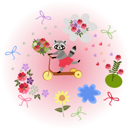 Cute cartoon raccoon riding by homemade scooter with bouquet as a gift. Greeting card Happy birthday.  Vector illustration.のイラスト素材