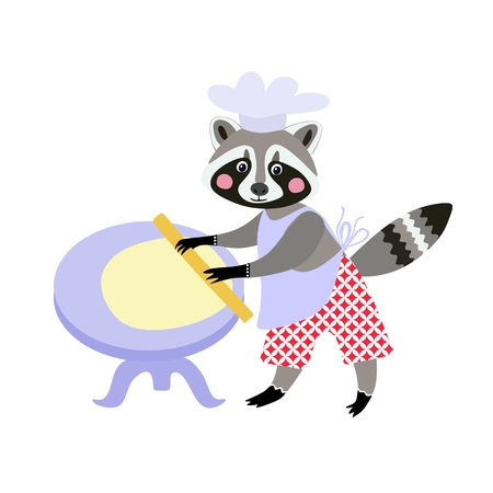Cute cartoon raccoon baker with dough and rolling pin. Card, poster.のイラスト素材